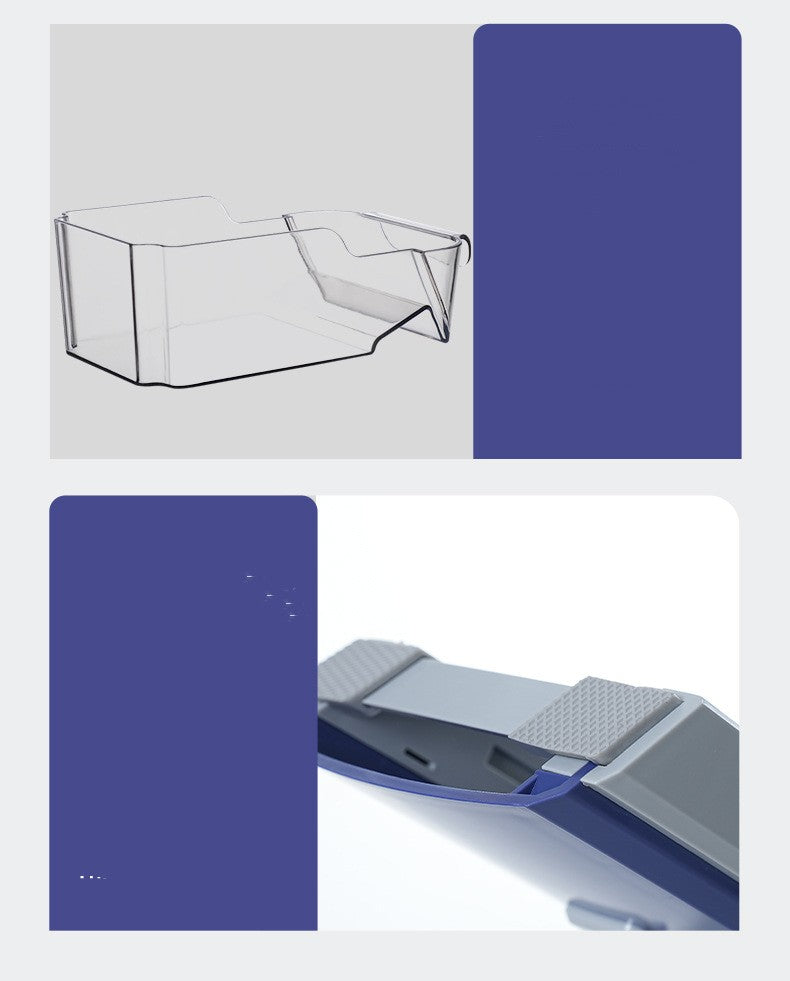 Collage of a blue electronic device with close-up details on a white background