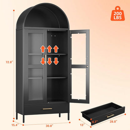Metal Arched Display Cabinet With Lock, Modern Arch Kitchen Pantry Storage Cabinet With Glass Doors 1 Drawer For Living Room, Bookshelf, Assembly Required Black