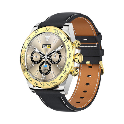 Luxury watch with black and brown leather straps on a white background
