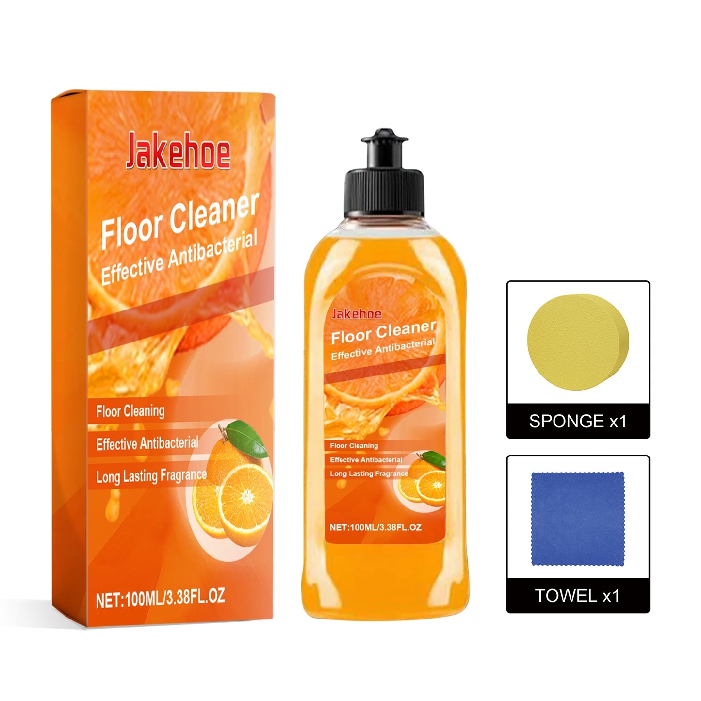 Jakehoe floor cleaner set with packaging, bottle, sponge, and towel on a white background