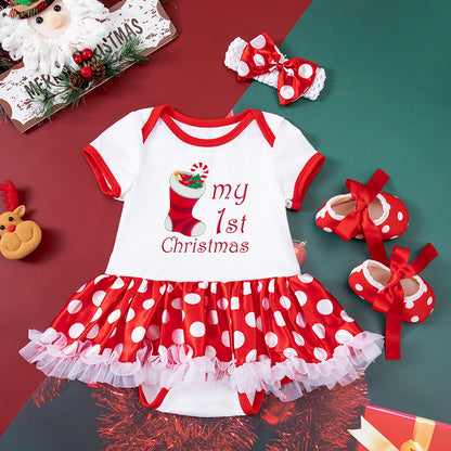 Baby Girl Christmas Party Holiday Clothes Cartoon Old Man Tree Baby's Gown Shoes Hair Accessories 3-piece Set