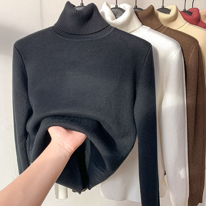 Fleece Turtle Neck Sweater - Winter Warm Elegant Thick Knitted Pullover Tops for Women