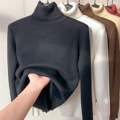 Fleece Turtle Neck Sweater - Winter Warm Elegant Thick Knitted Pullover Tops for Women