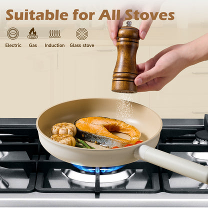 Ceramic Cookware Sets 17pcs, Pots And Pans Set Non Stick, Healthy Induction Kitchen Cooking Set With Removable Handles, Stackable Pots Pans, Oven Safe, PFOA,PFOS Free, Beige