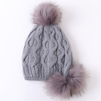 Ladies Knitted Hat with Three Rabbit Hair Balls