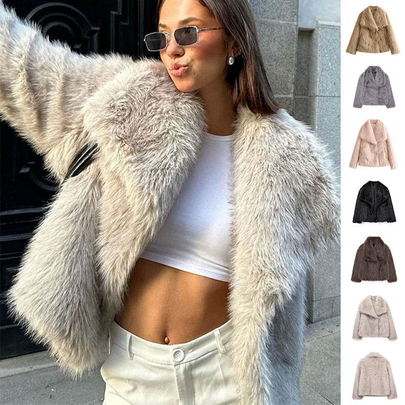Woman wearing a fluffy gray coat with a grid of different fur coats displayed on the right.