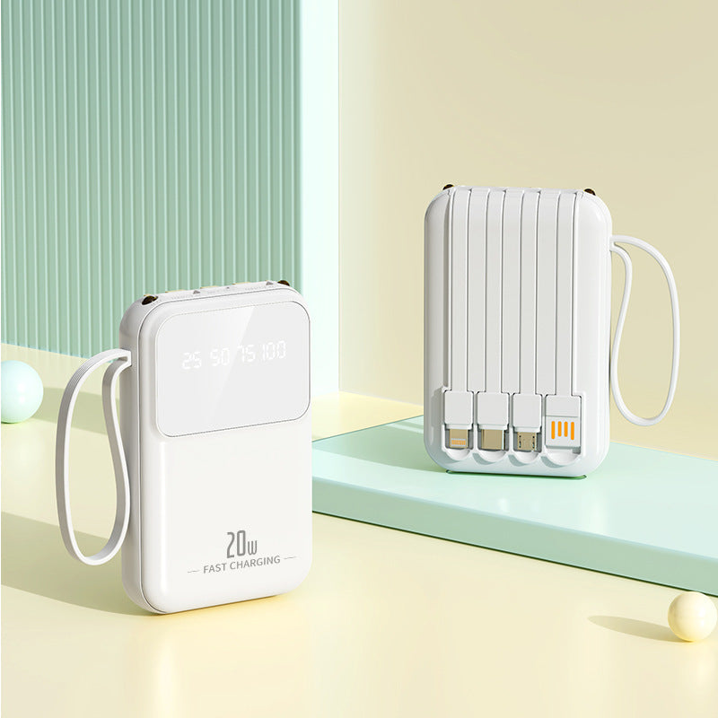 White power bank with charging cables on a colorful background