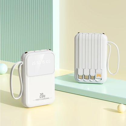 White power bank with charging cables on a colorful background