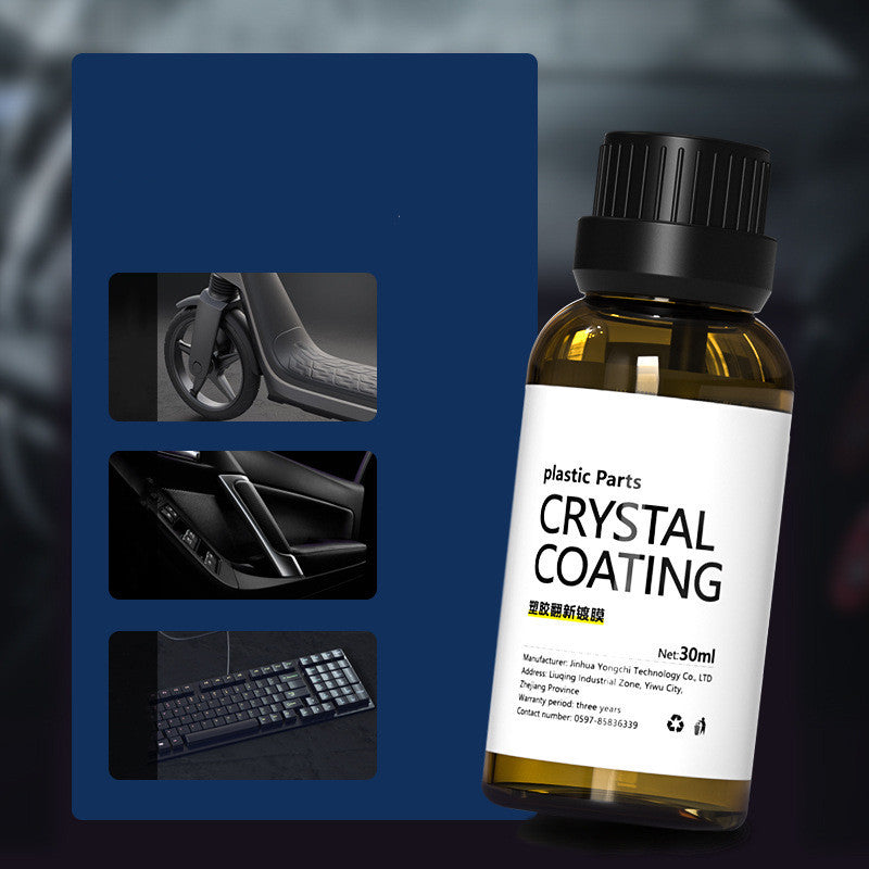 Bottle of crystal coating with close-up images of car parts on a blue background