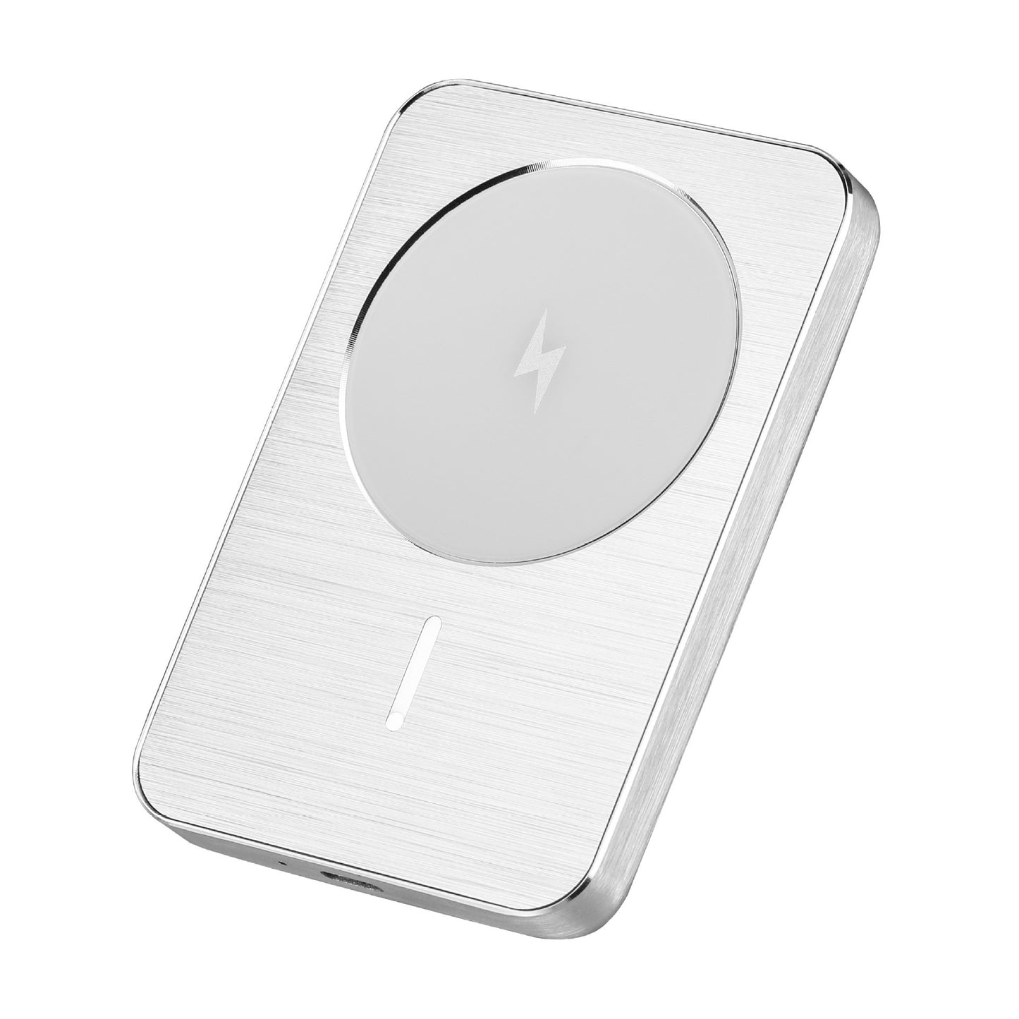 Silver rectangular charging pad with a circular design on a white background