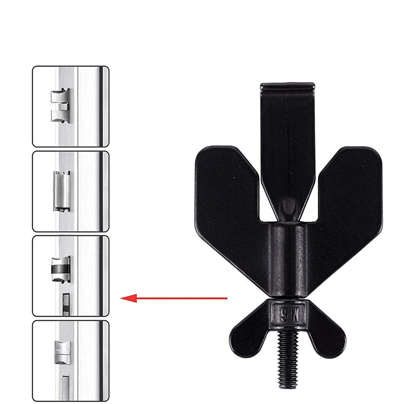 Black door handle with text indicating compatibility for different door holes and opening direction.