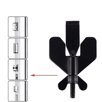 Black door handle with text indicating compatibility for different door holes and opening direction.