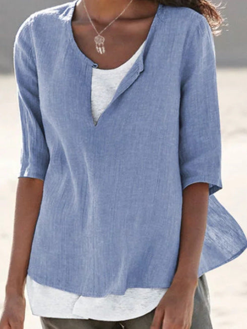 2025 Spring And Summer V-neck Solid Color Cotton And Hemp Medium Sleeve Women's Shirt