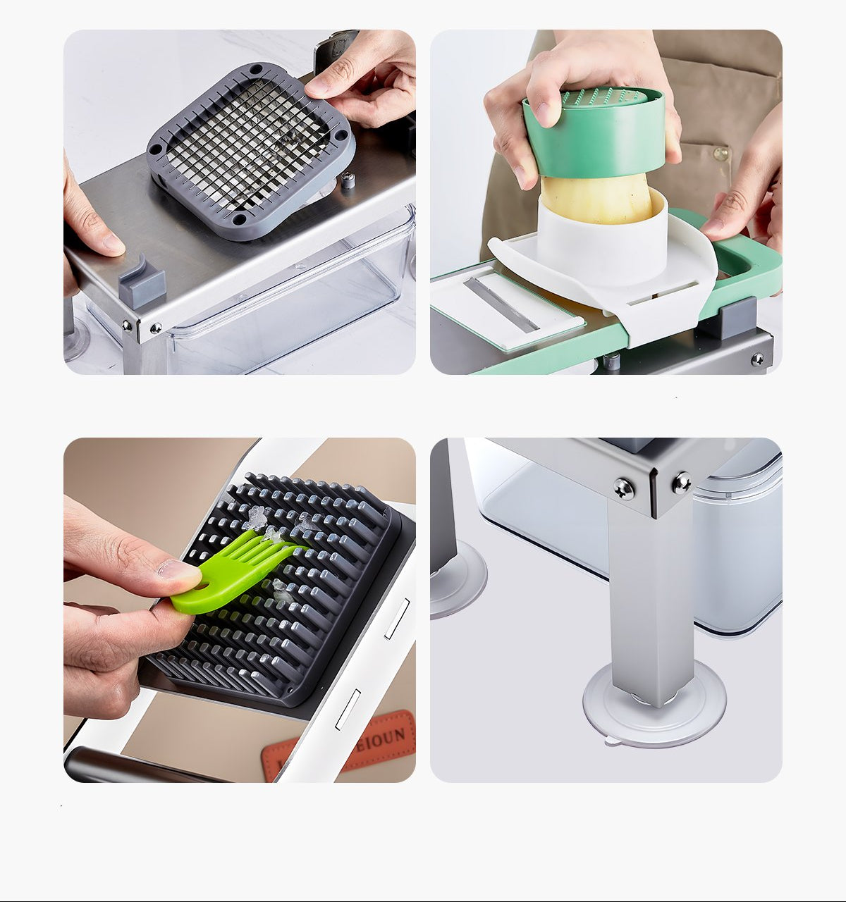 Multifunctional kitchen tool with various features highlighted, including quick blade switch and security guard.