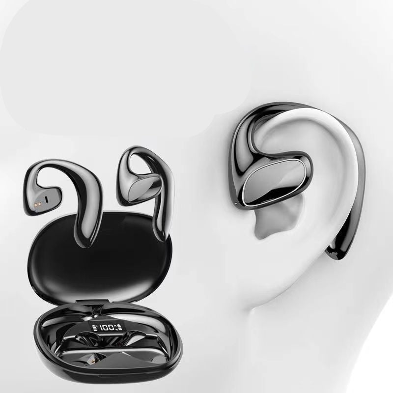Openear Unison air conduction earpieces with charging case on a white background