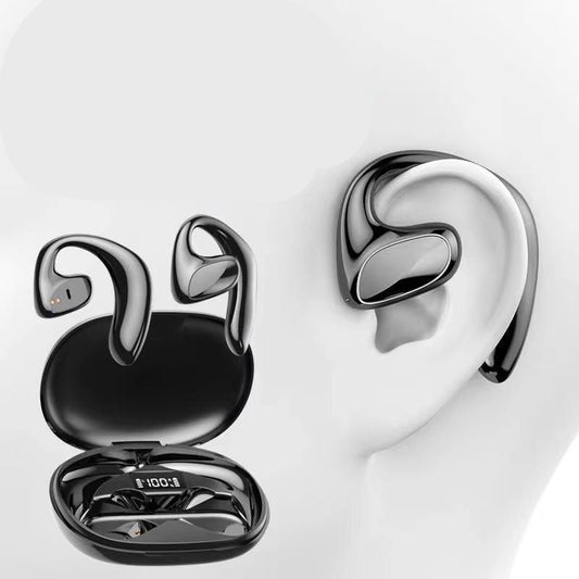 Openear Unison air conduction earpieces with charging case on a white background