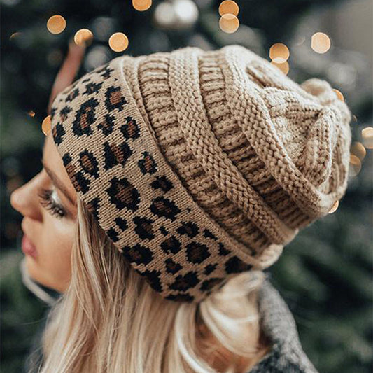 Leopard Print Cuffed Knitted Hat for Women