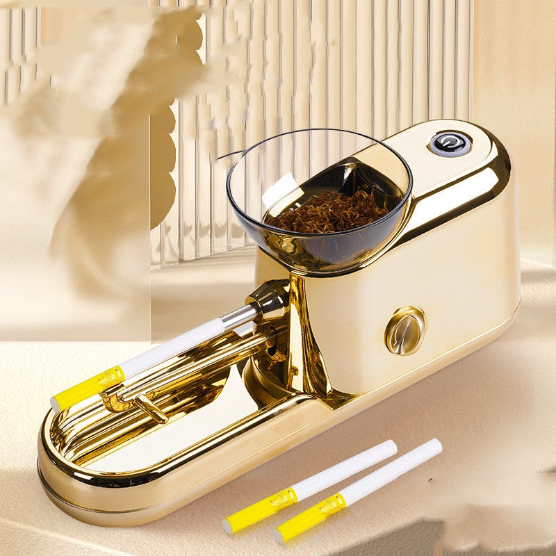 Gold-colored smoking accessory with烟草 on a beige surface