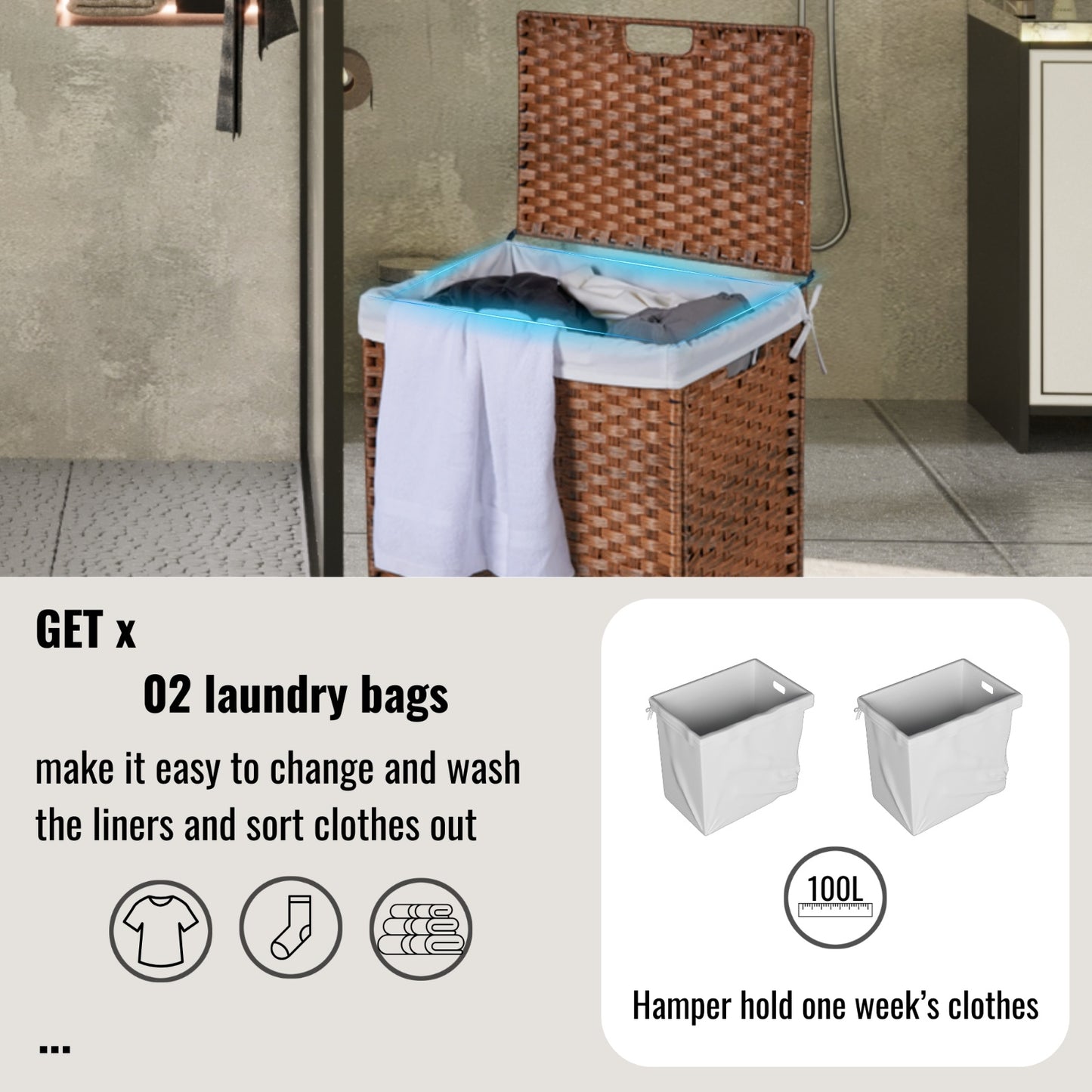 Laundry Hamper With Lid PE Rattan Powder Coating Frame Clothes Hampers With 02 Removable Bags,