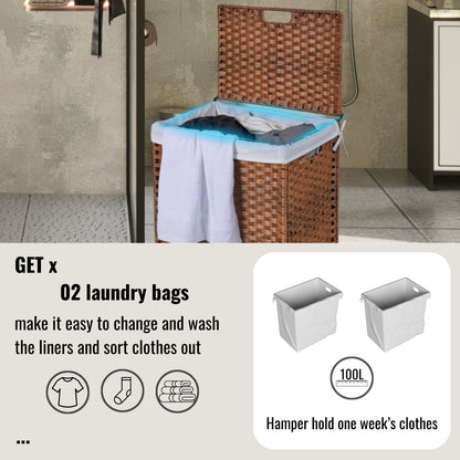 Laundry Hamper With Lid PE Rattan Powder Coating Frame Clothes Hampers With 02 Removable Bags,