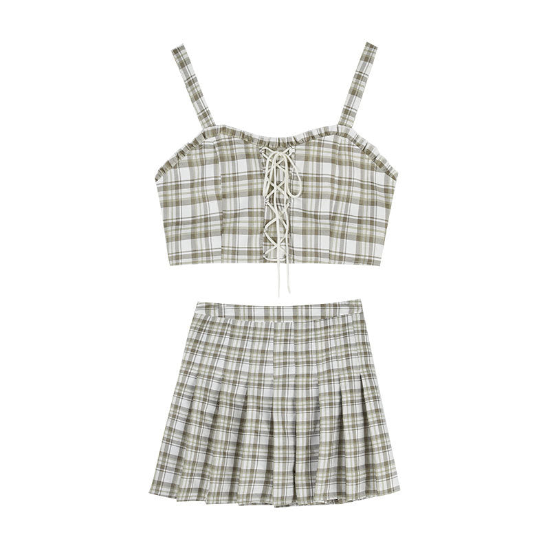 Sweet And Spicy Plaid Pleated Skirt Set Summer College Style Retro Bra Suspender Vest Short White Sunscreen Blouse