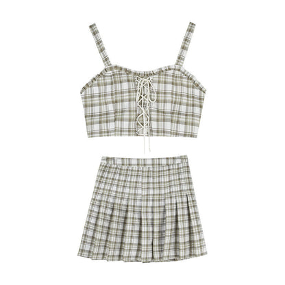 Sweet And Spicy Plaid Pleated Skirt Set Summer College Style Retro Bra Suspender Vest Short White Sunscreen Blouse