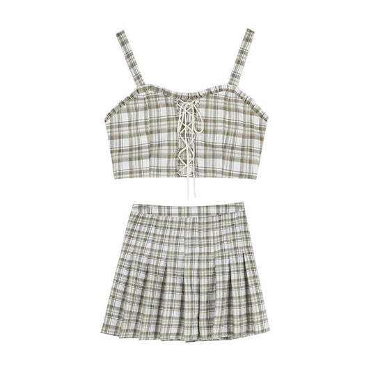 Plaid two-piece set with top and skirt on a white background