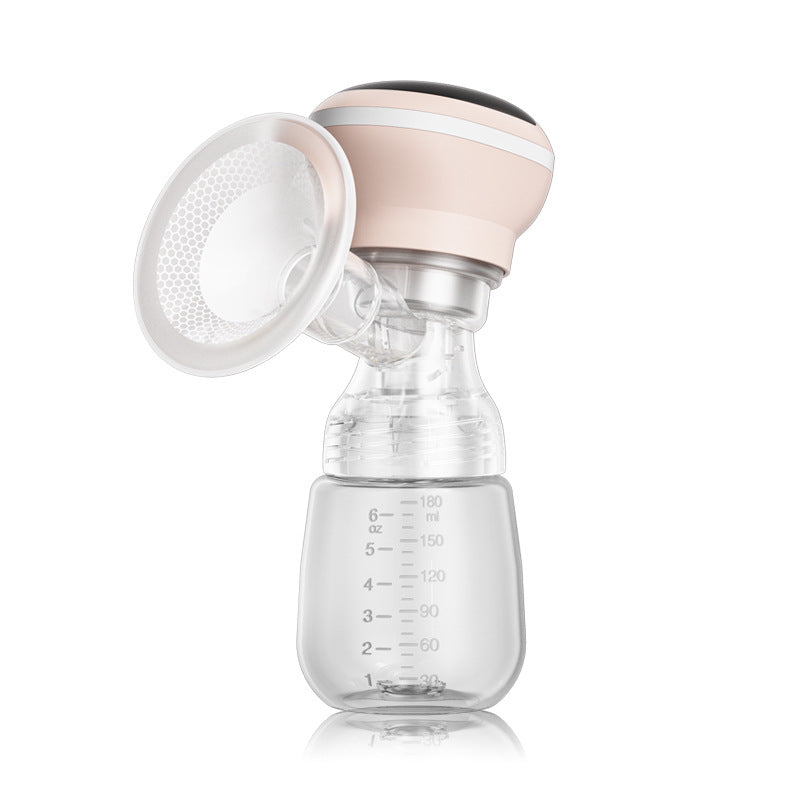 Breast pump with clear container and pink top on a white background