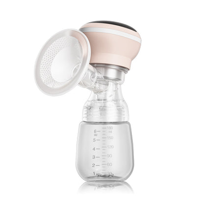 Breast pump with clear container and pink top on a white background