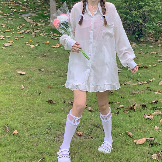 Japanese Soft Girl Wear Mid-length Shirt Ruffle Loose Loose Cardigan Sun Protection Shirt Jacket Female Summer Thin Section