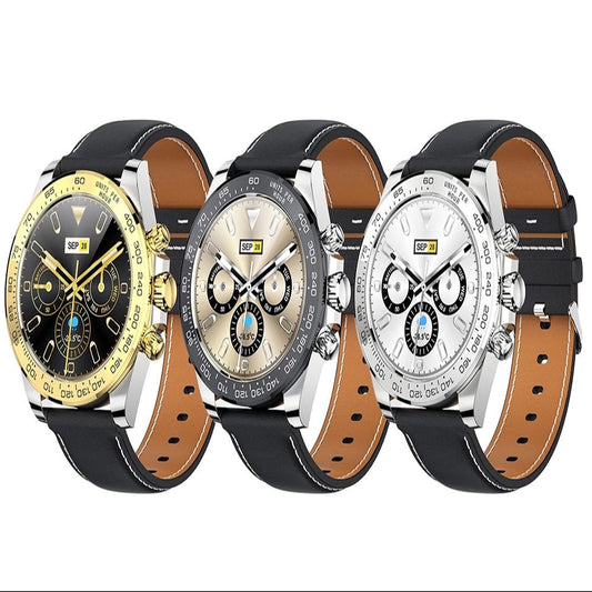 Three watches with different colored faces and brown leather straps on a white background.