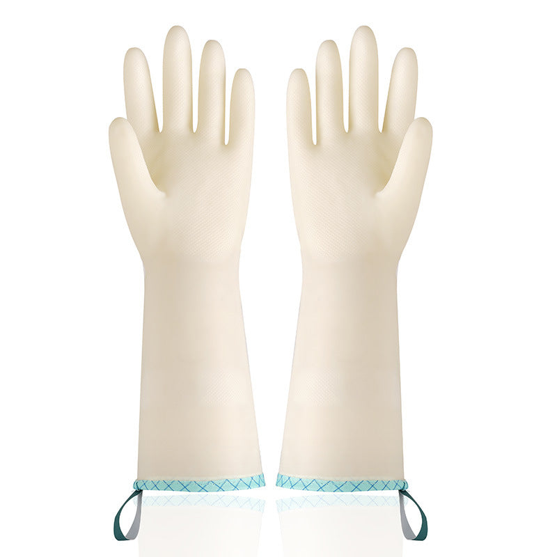 Pair of beige rubber gloves with blue wristbands on a white background