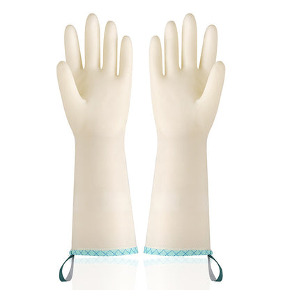 Pair of beige rubber gloves with blue wristbands on a white background