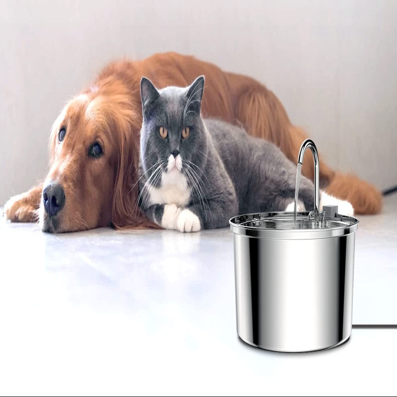 Large capacity water bowl for pets with lifestyle images of a woman and man, and a dog and cat.