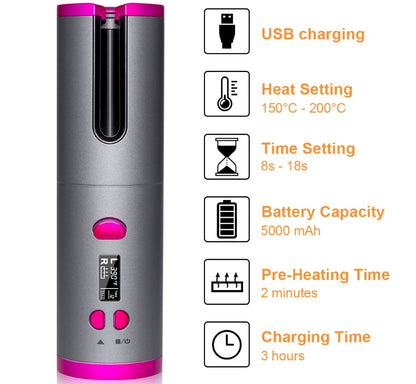 Wireless USB Curling Iron - Multifunctional Charging Curler with Smart Features