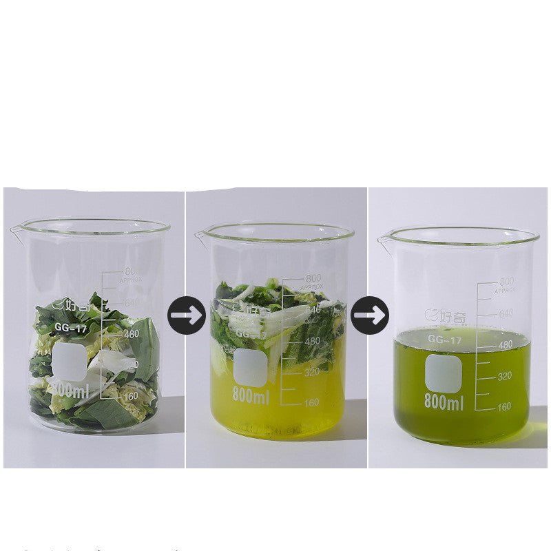 Three stages of a green liquid being added to a beaker with plants, labeled GG-17.