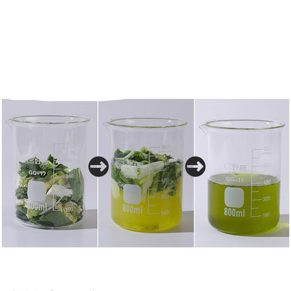 Three stages of a green liquid being added to a beaker with plants, labeled GG-17.