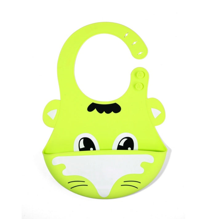 Green cartoon-style bib with a face on a white background