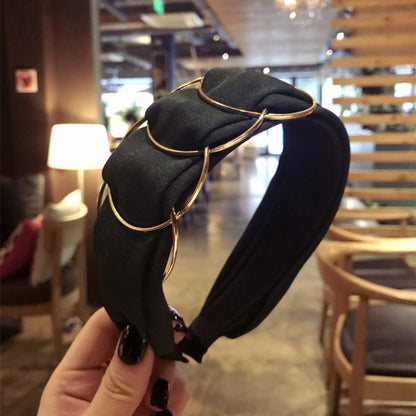 Hair Accessories Headband - Women Fashion Golden Ring Cross Stitching Fabric Wide Side
