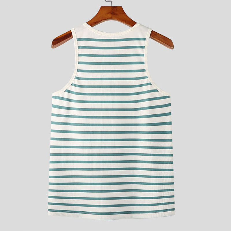 Striped tank top on a hanger against a gray background