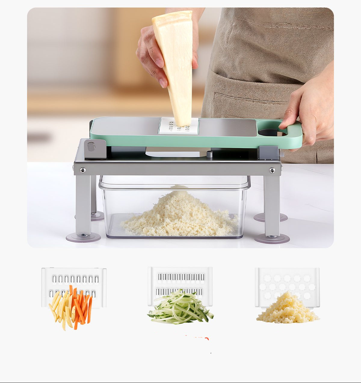 Vegetable chopper with different blade settings for julienne, fine julienne, and grating, shown in a kitchen setting.