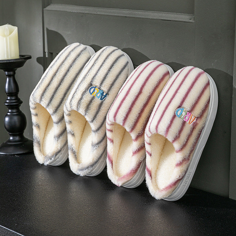 Ins Plush Striped Slippers - Winter Warm Letter Embroidered Shoes