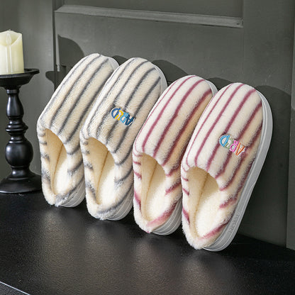 Ins Plush Striped Slippers - Winter Warm Letter Embroidered Shoes