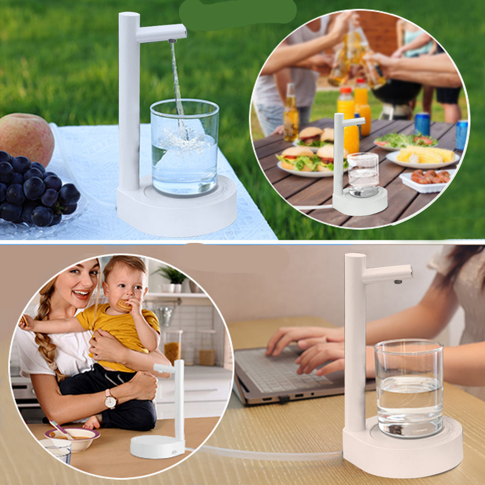 Collage of a water pump with a glass of water, people at a picnic, and a woman with a child, with text 'Camping & Picnic' and 'Home & Office'.