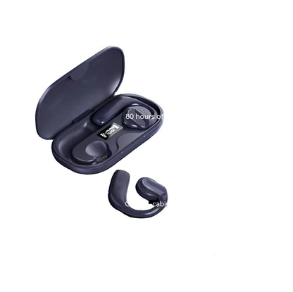 Dark blue wireless earbuds with charging case on a gray background, featuring text about features and benefits.