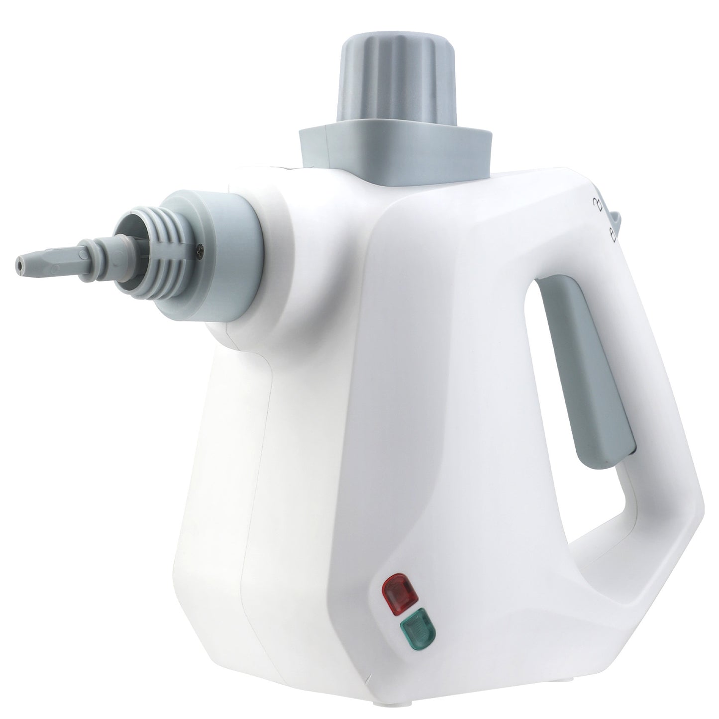 White handheld steamer with gray accents on a white background