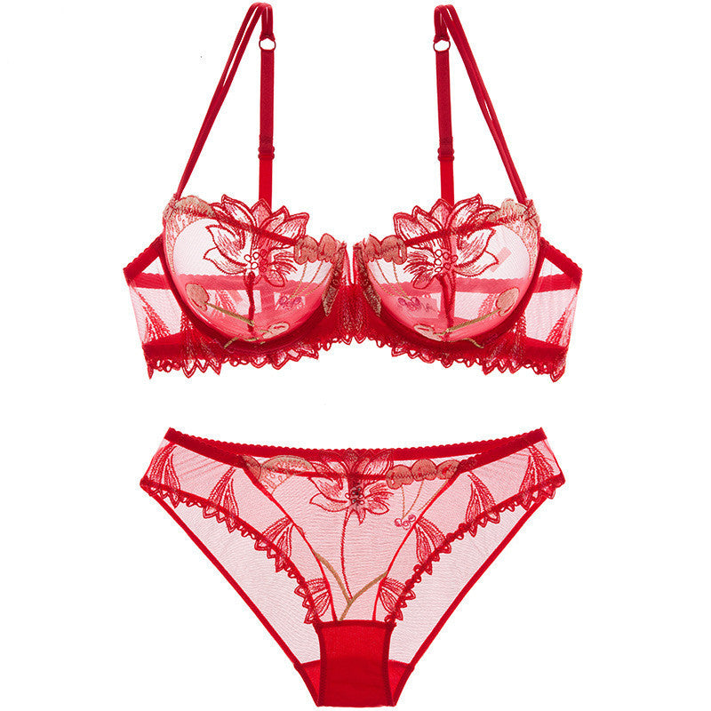 Women's Transparent Mesh Embroidered Bra and Underwear Set – Elegant Lace Design