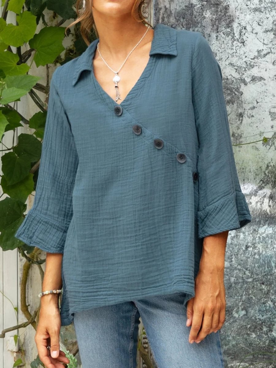 Women's Cotton And Linen Button V-neck Shirt Top