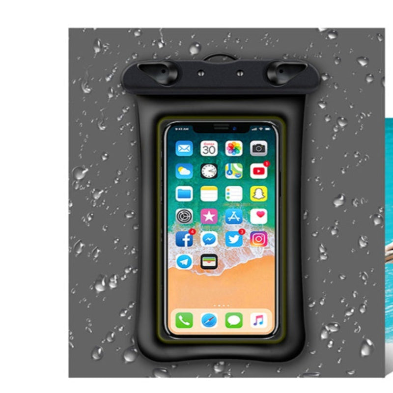 Black waterproof phone case with smartphone displaying app icons on a gray background, next to a woman in a bikini by a pool.