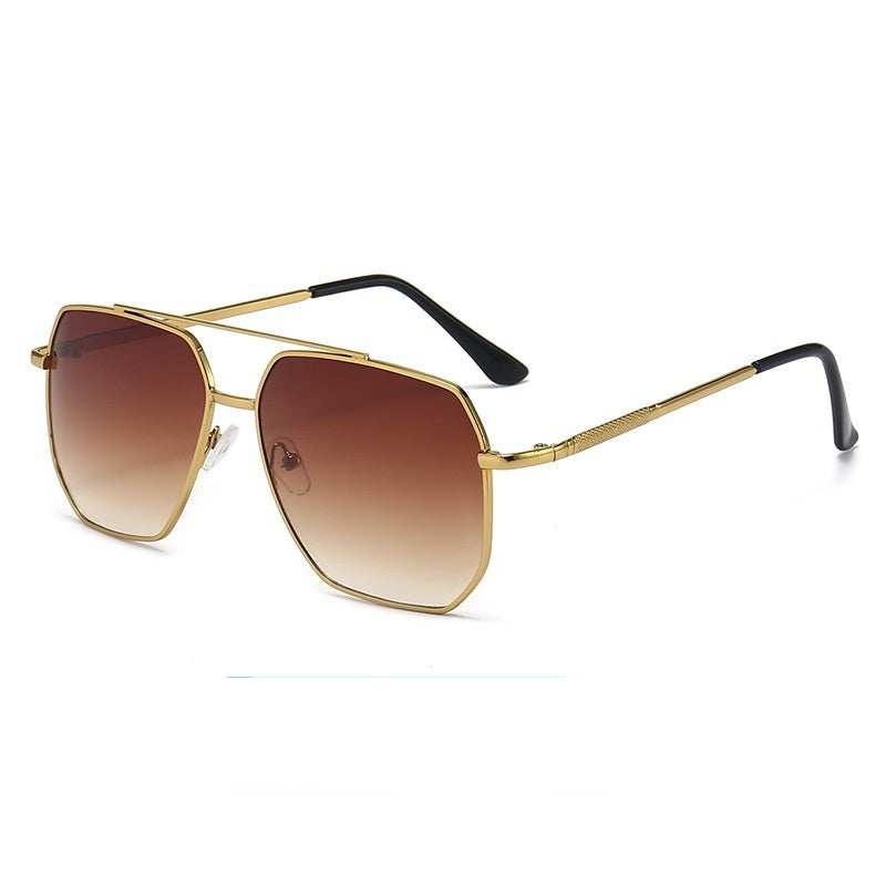 A pair of aviator style sunglasses with a double beam design, featuring dark lenses and a metallic frame.